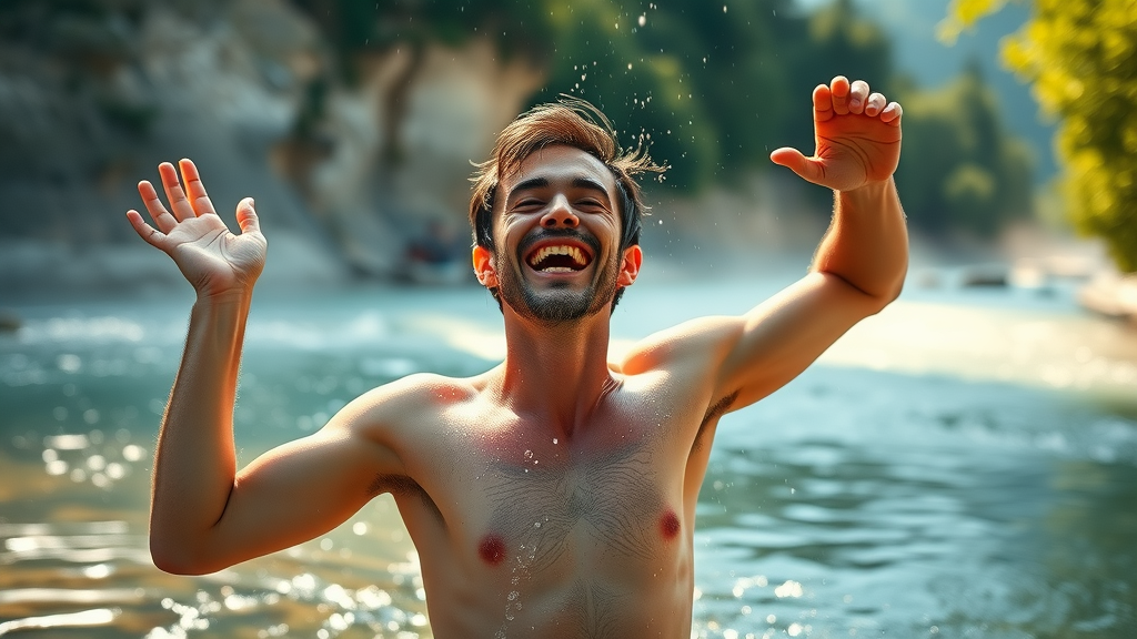 Succeservaring met koud water therapie - energiek persoon na sessie bij bergbeek in de natuur