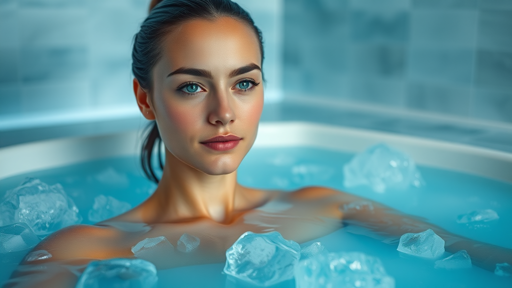 Koud water therapie - moderne ijsbad-sessie in spa setting, koude damp en heldere blauwtinten