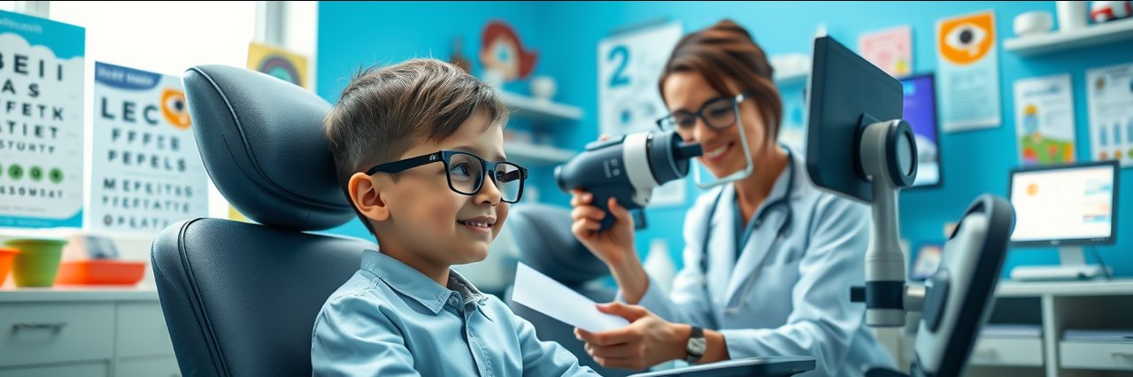 Child undergoing myopie management during eye exam with optometrist.