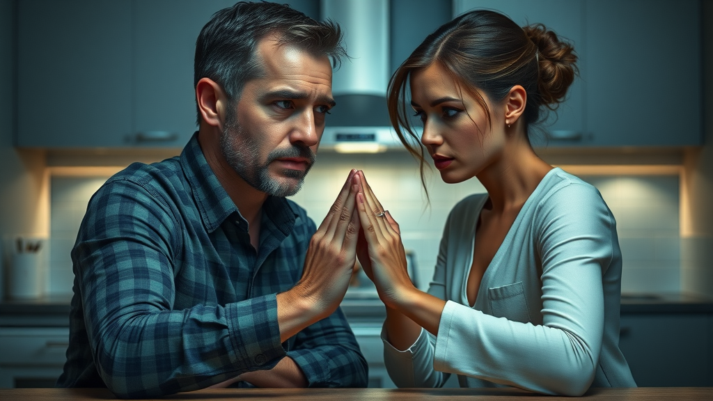 Man en vrouw met stress aan keukentafel, effect van ongezonde relatie op gezondheidsklachten
