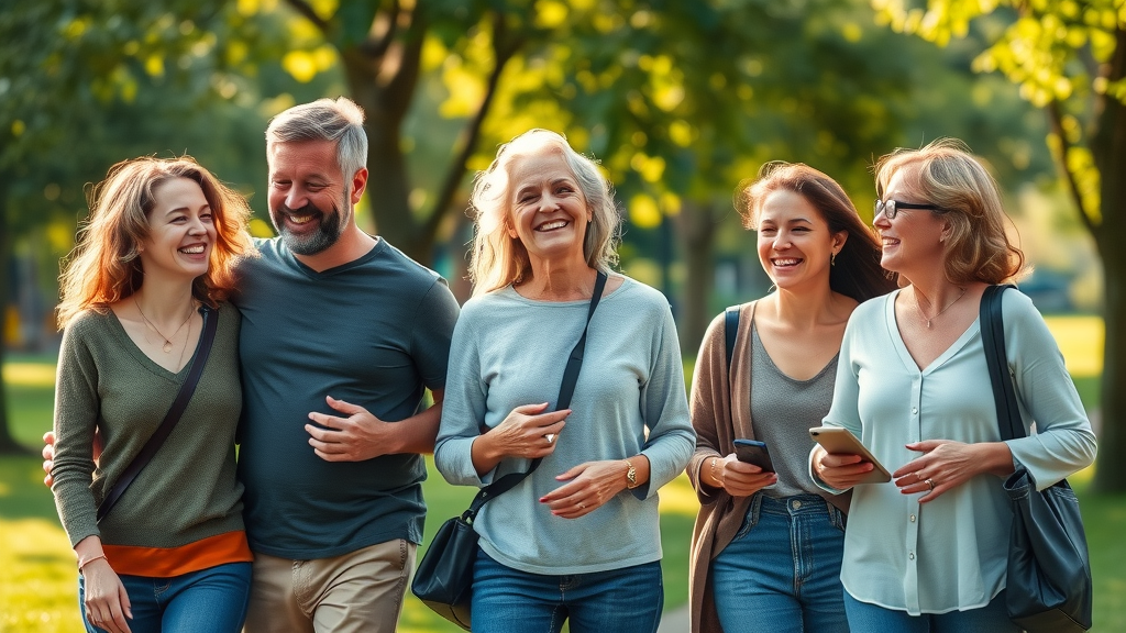 Groep volwassenen lachend wandelend in park, sociale relatie en gezondheid beïnvloed