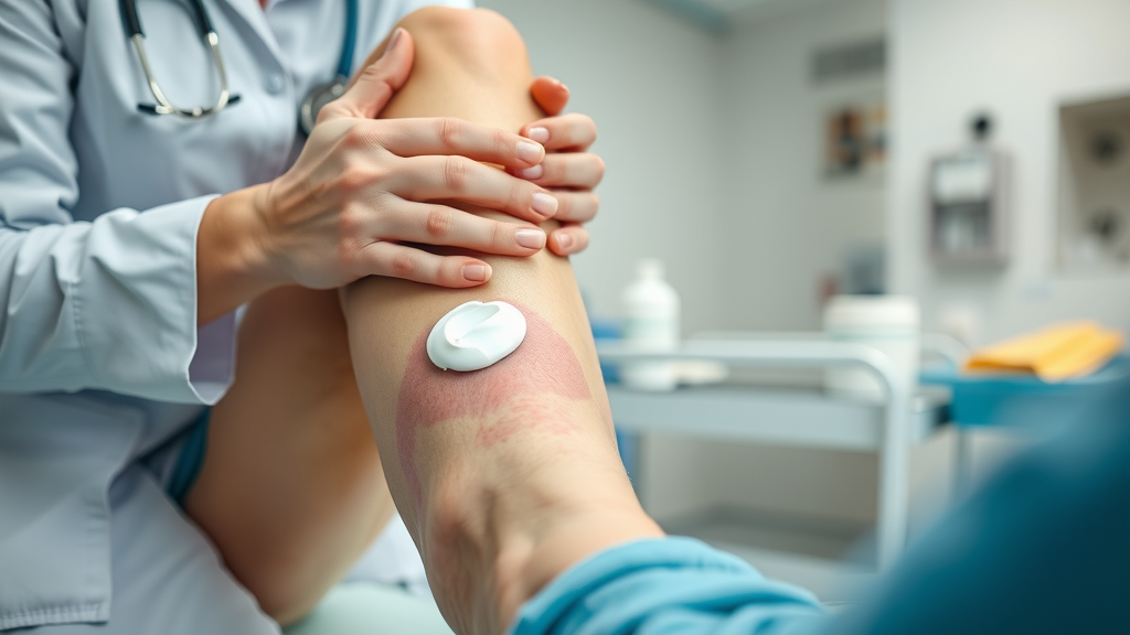Behandeling van cellulitis door verpleegkundige met crème in een kliniek.