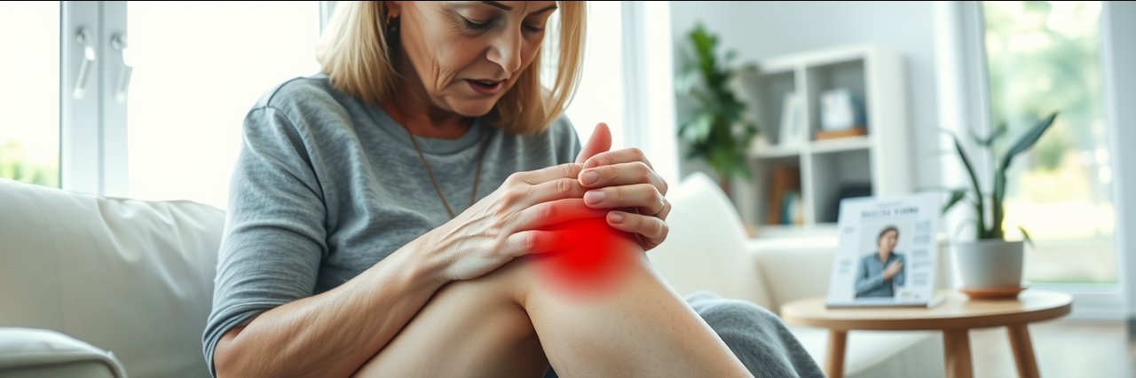Cellulitis behandelen: woman examines swollen leg at home with care supplies.