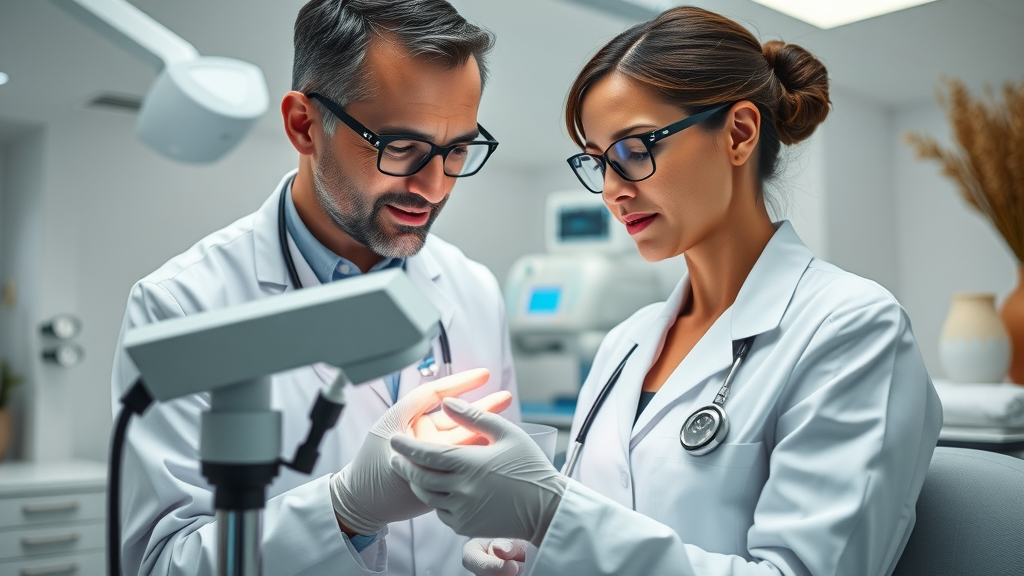 Dermatoloog onderzoekt huid van patiënt in high-tech kliniek, dermatologie behandelingen