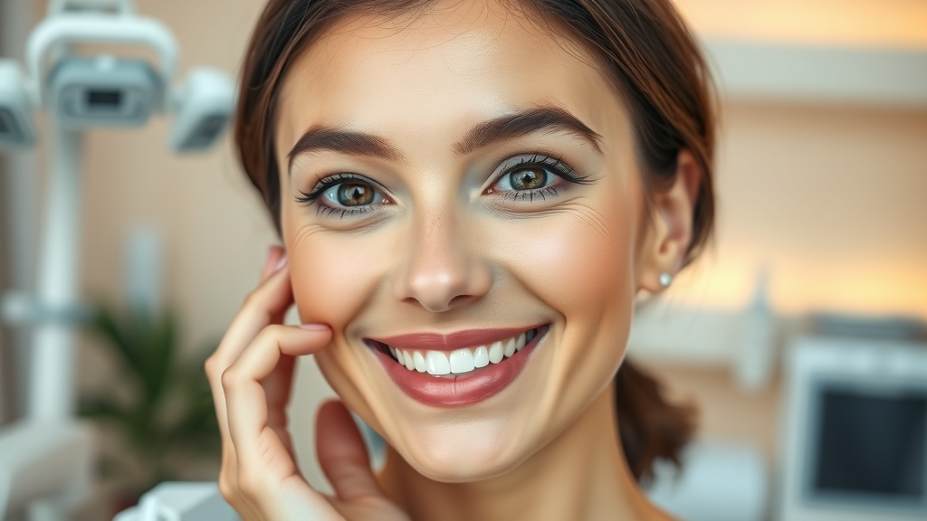 Vrouw met stralende huid in moderne kliniek, dermatologie behandelingen resultaat