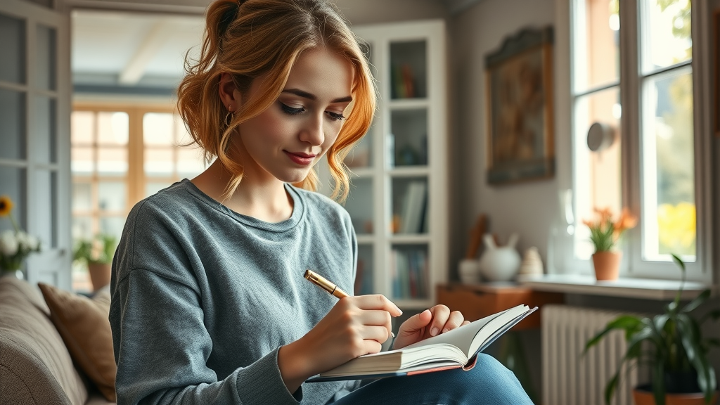 jonge vrouw schrijft dankbaarheidsmomenten op - positieve psychologie als levensverlengende strategie