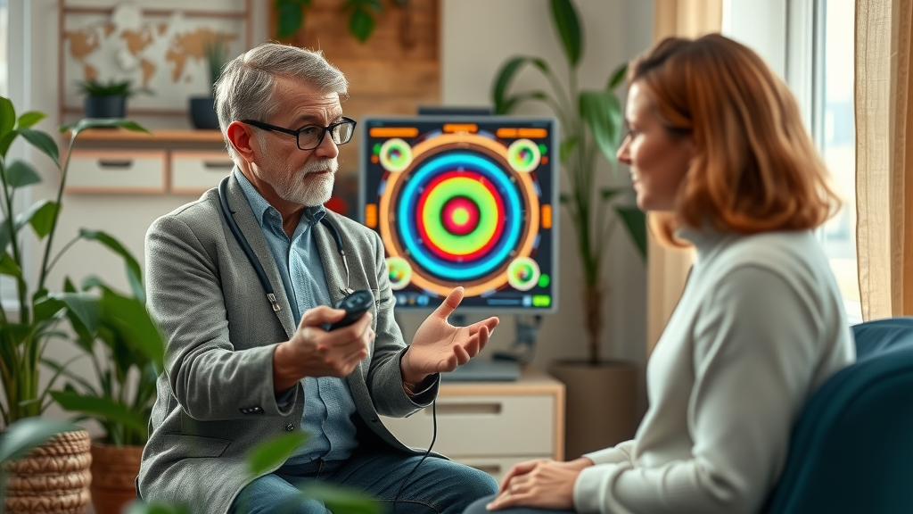 Expert consults client using bioresonantie device for holistic relief