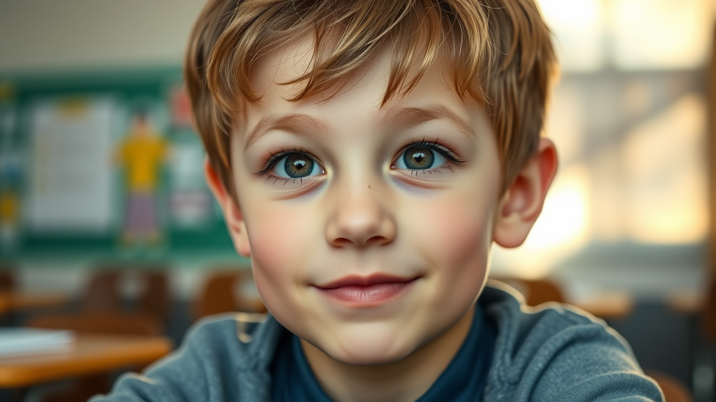 Young boy with gedrags- & ontwikkelingsstoornissen hopeful in school setting.