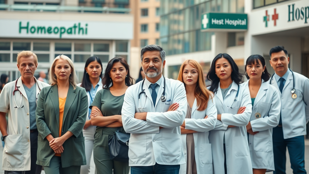 balanced group of people representing diverse patients between a homeopathic clinic and a modern hospital - alternatieve geneeskunde vs reguliere geneeskunde