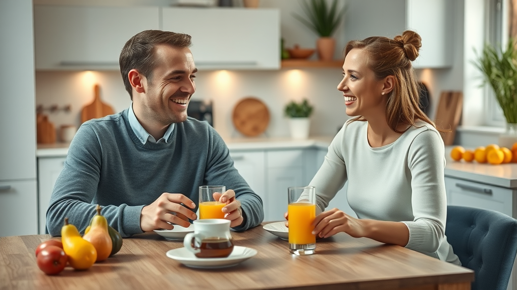 gelukkige jongvolwassen man en vrouw genieten van ontbijt - positieve emotie, langer leven