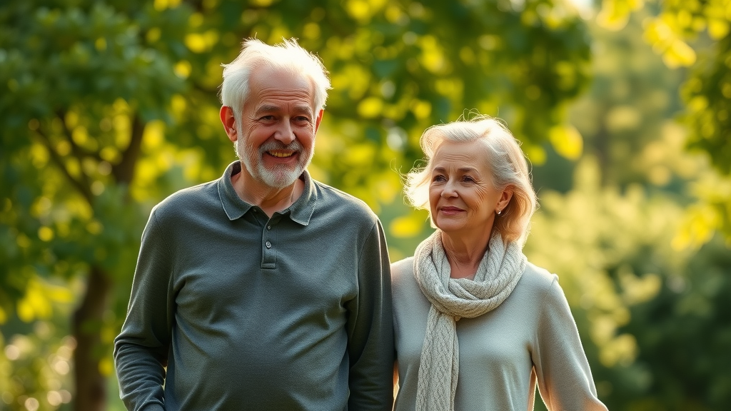inspirerende oudere man en vrouw wandelen actief in park - positieve levenshouding verlengt je leven