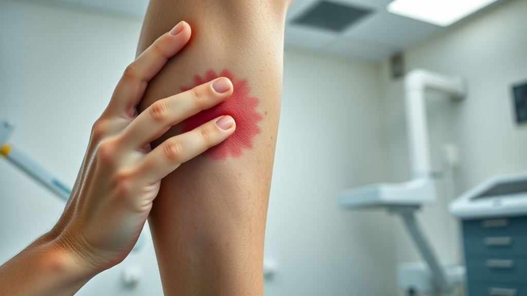 Cellulitis behandelen close-up van rode opgezwollen huid in kliniek.