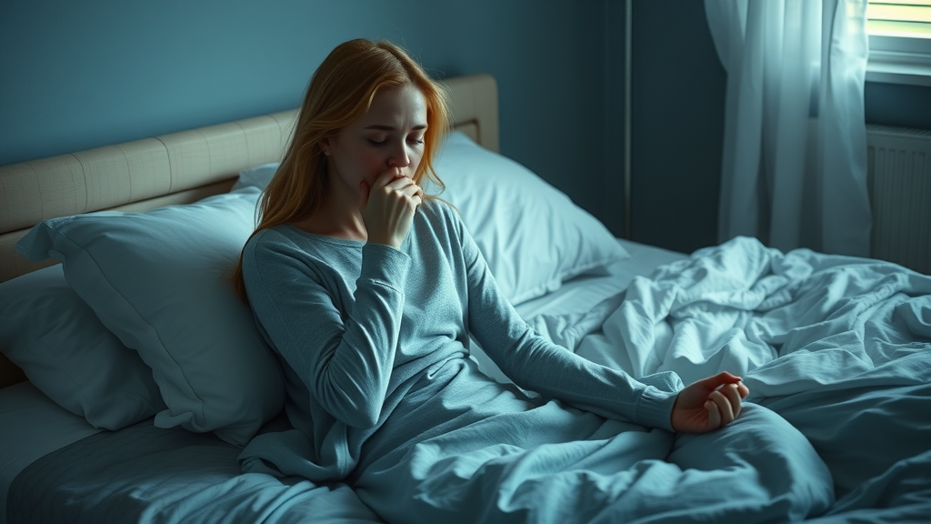 Sombere jonge vrouw verdrietig op bed, impact ongezonde relatie op gezondheidsklachten