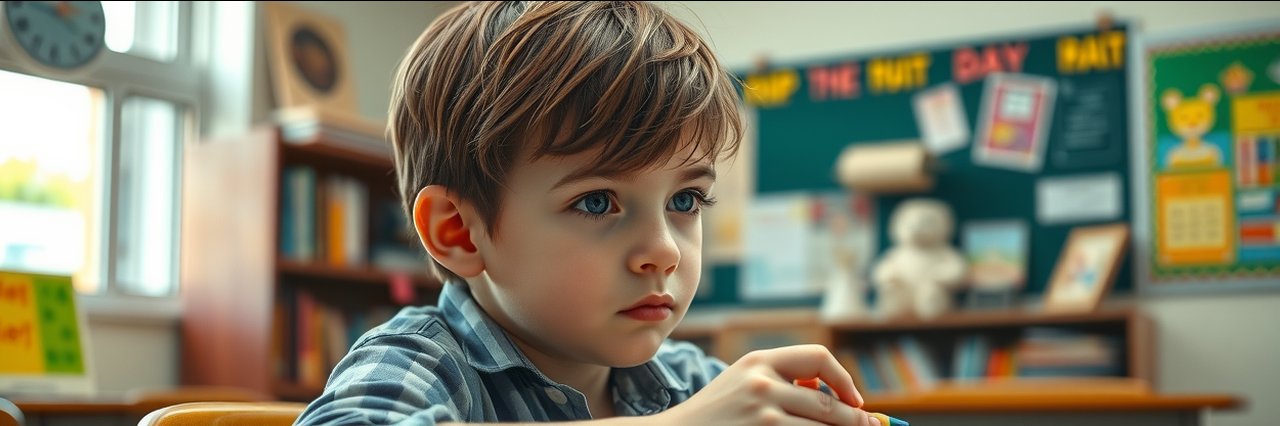 Jonge jongen in klas met focus, gedrags- &amp; ontwikkelingsstoornissen thema